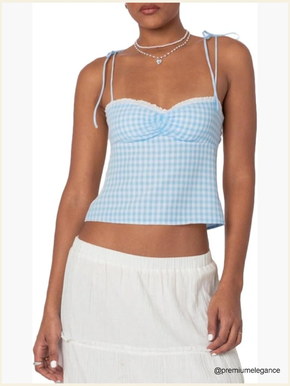 Y2K Gingham Tank Top Tie Shoulder Sleeveless Lace Trim Crop Top